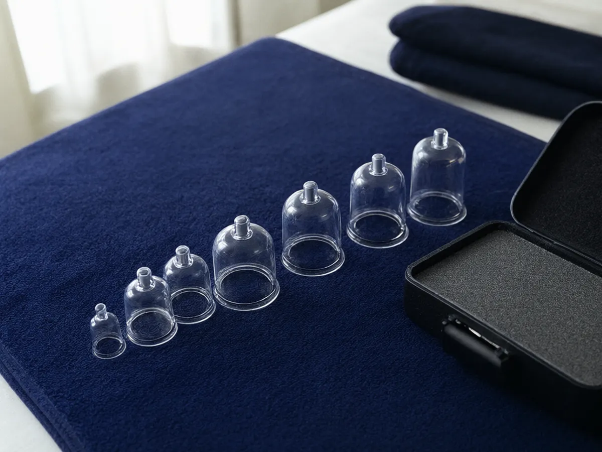 A row of clear glass cupping cups in graduated sizes on a navy towel beside an open black case