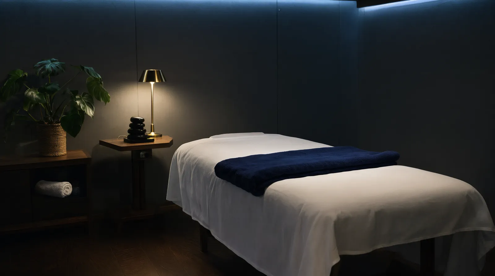 A dim massage room with a white-sheeted massage table, a navy blanket, a brass lamp, hot stones and a monstera plant under a soft blue glow