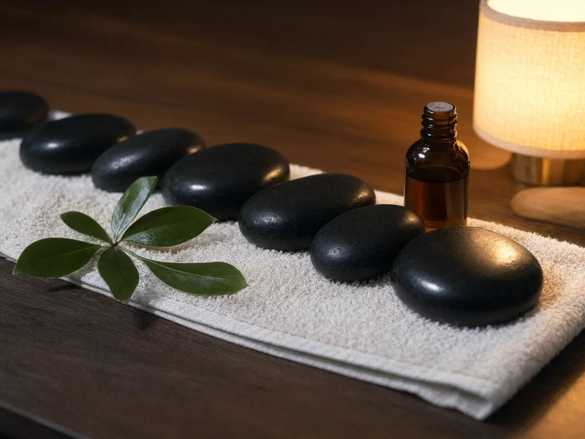 Smooth black massage stones on a white towel beside a bottle of oil and green leaves in warm lamplight