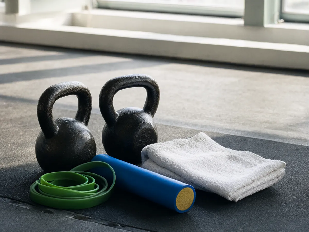 Two kettlebells, a blue foam roller, a green resistance band and a towel on a gym floor by a window